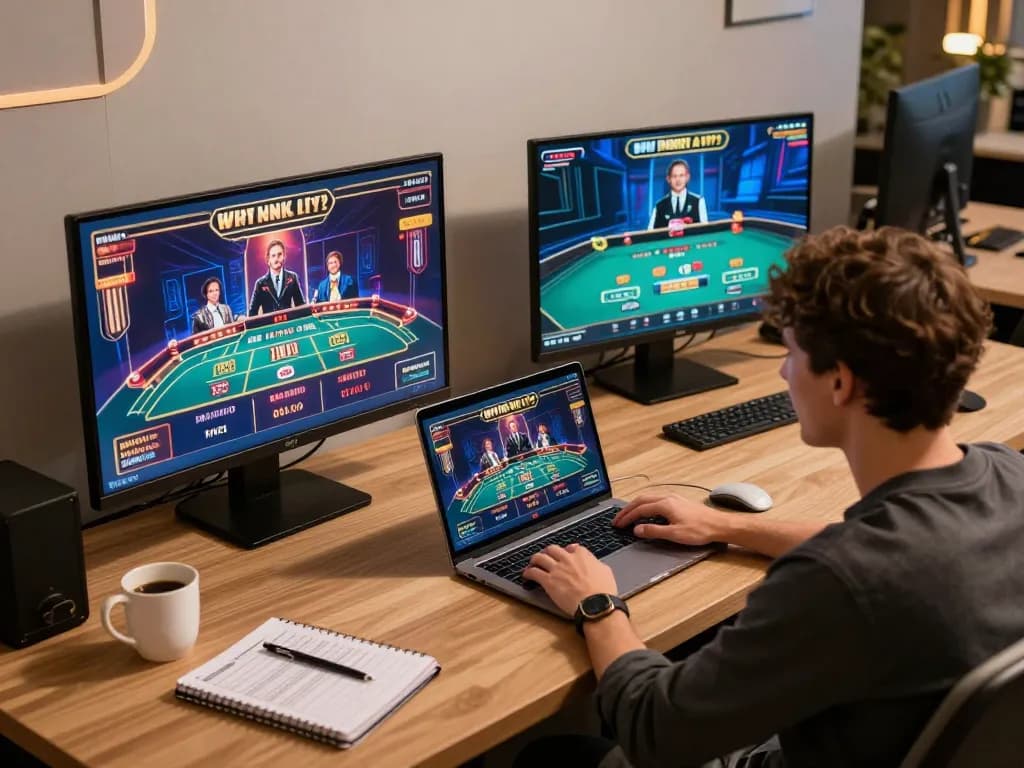 Player using lucks8 for online slots and blackjack gaming at a stylish home setup