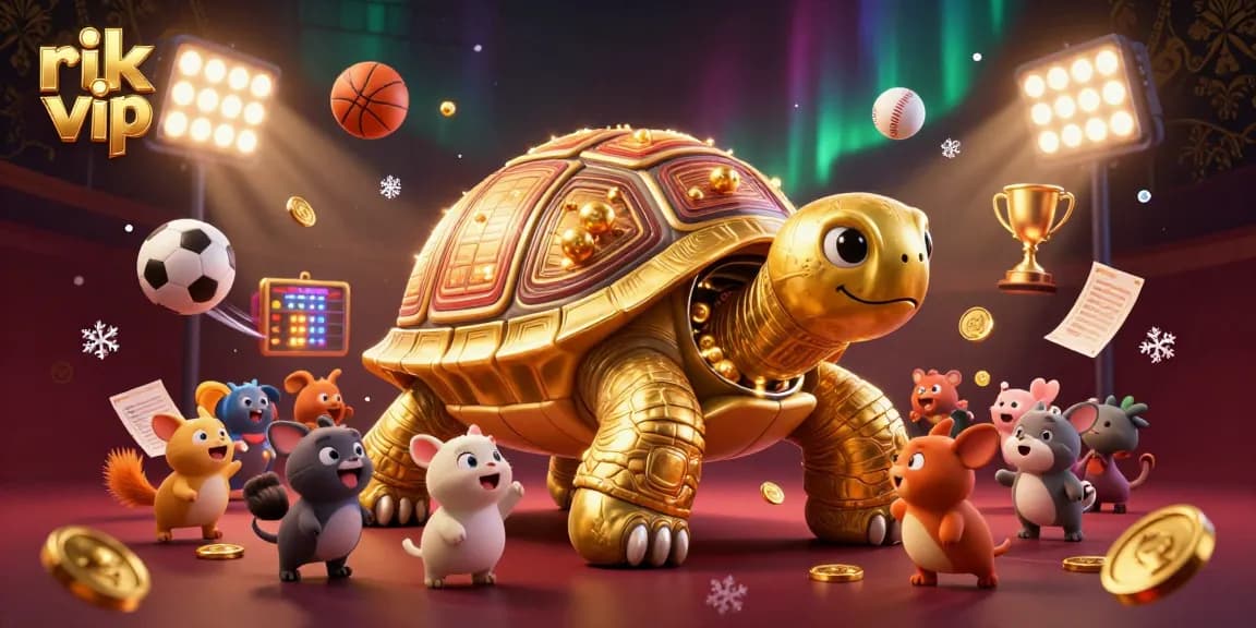 Experience the excitement of rik vip with a dynamic scene featuring a golden tortoise pinball machine and playful animals in a casino setting.