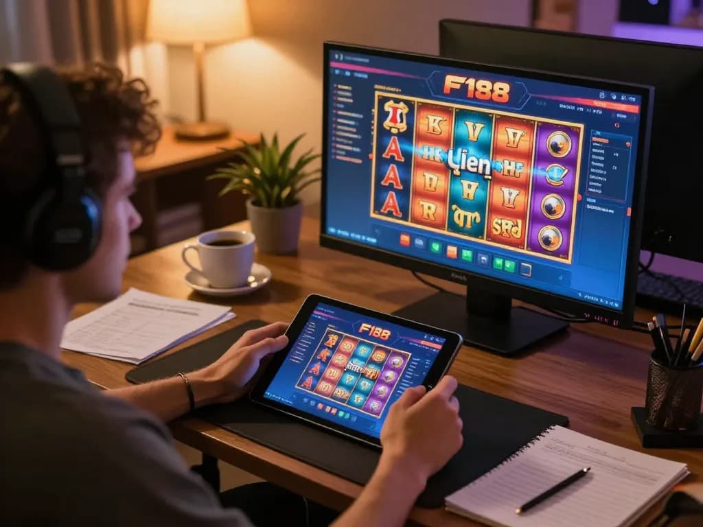 Experience F168 on tablet with vibrant slot action in a cozy gaming setup
