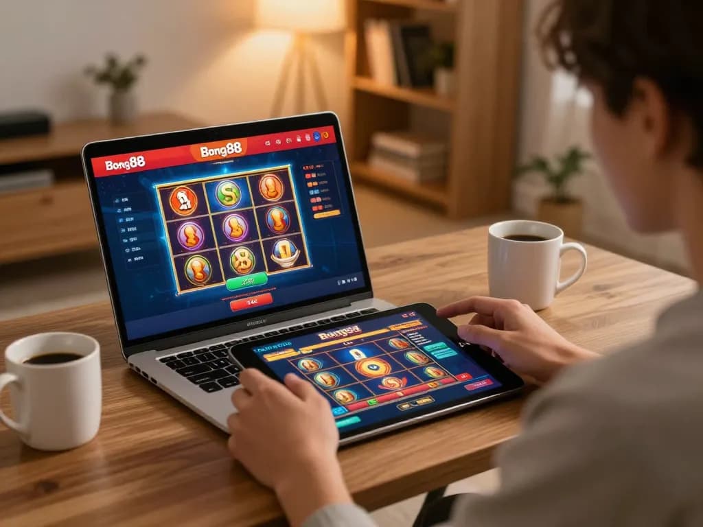 Bong88 user engaging in online slots gaming from a cozy home setup, highlighting a modern lifestyle.
