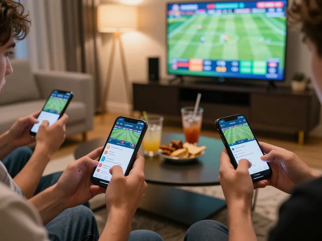 Players engaging in cm88 social sports betting on mobile apps in a lively home setting