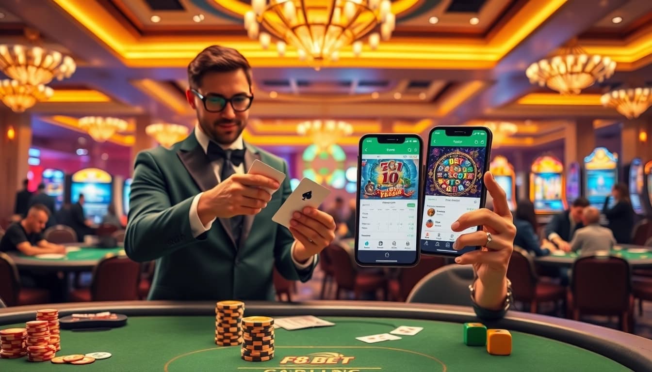 F8BET users engaging in online casino games amidst a luxurious gambling environment.
