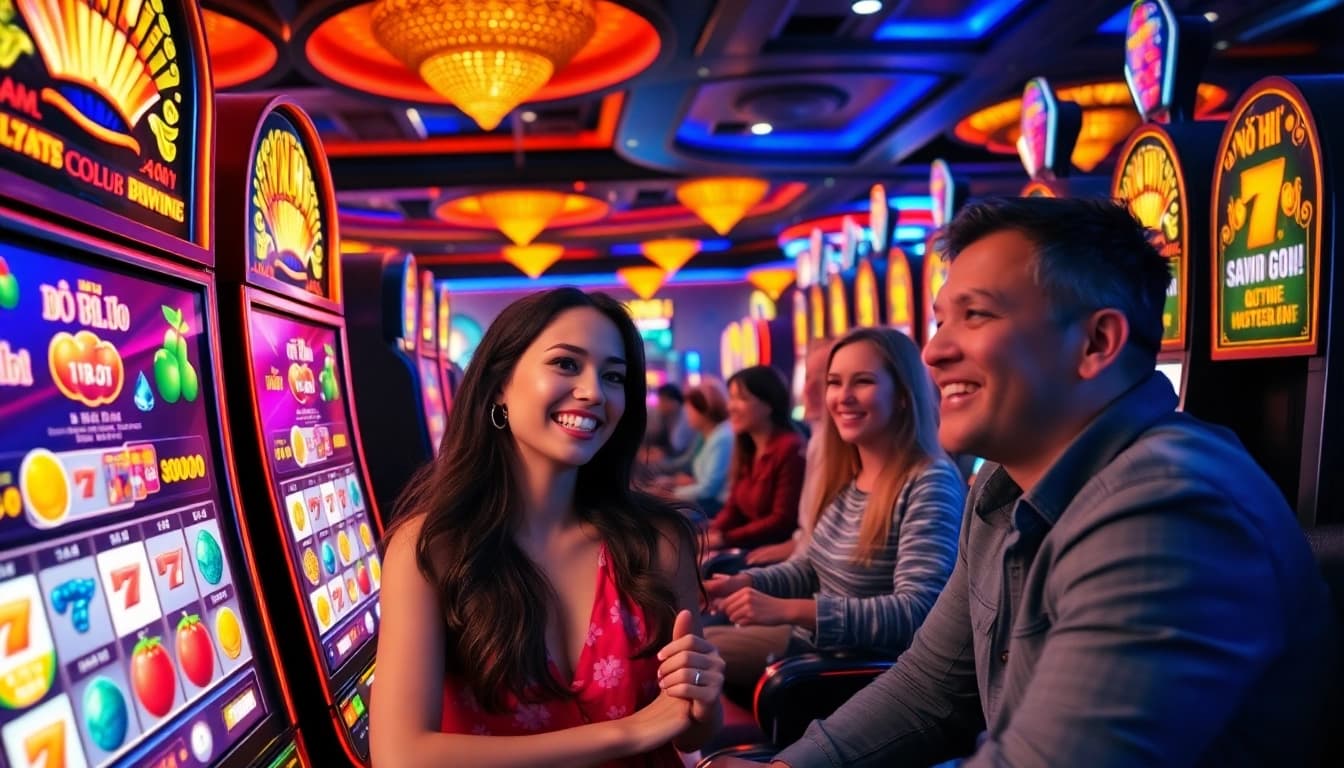 Nổ Hũ gaming scene with players enjoying vibrant slot machines in a lively casino.