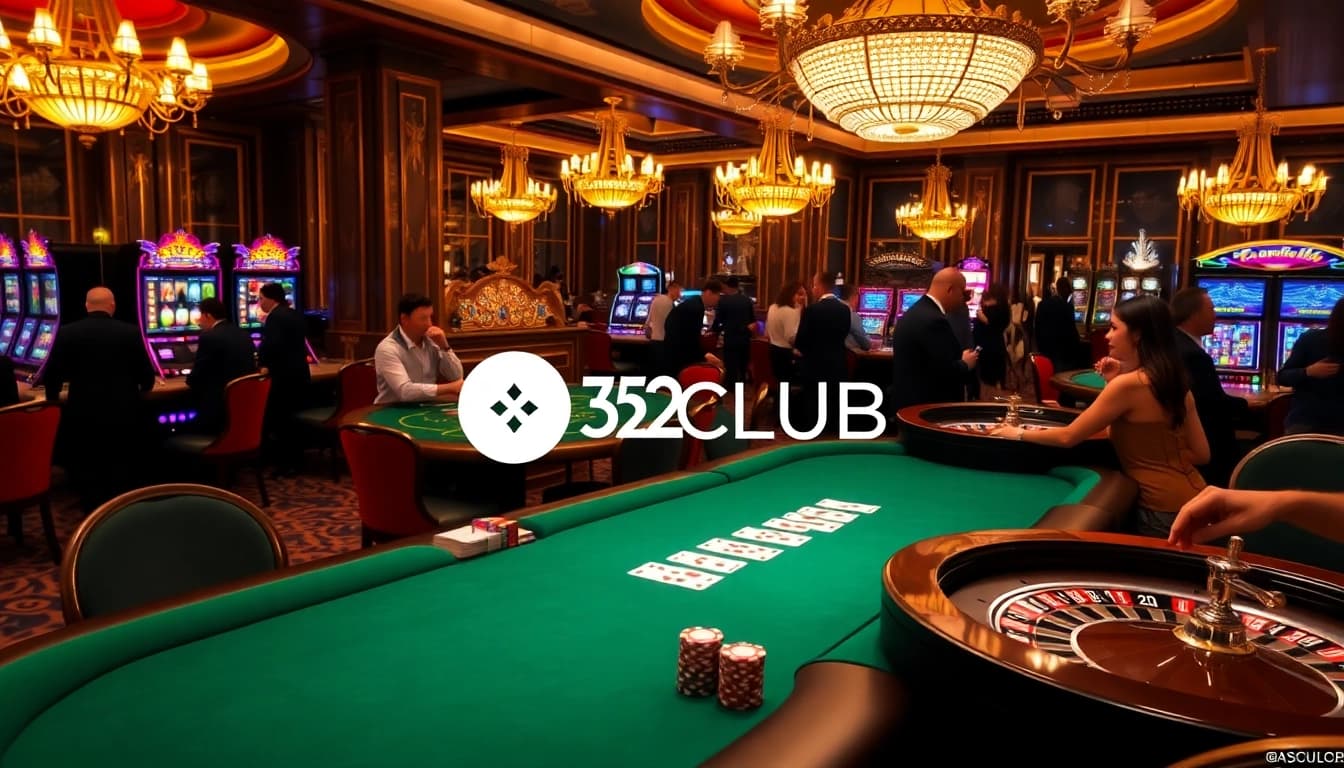 B52CLUB players enjoying an exciting session at a luxurious casino with roulette and poker.