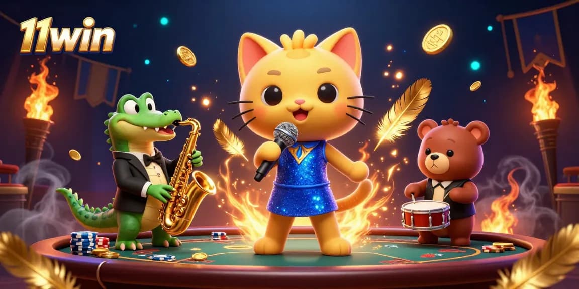 11win casino illustration featuring a jazz-singer cat, saxophone crocodile, and drum bear at a vibrant poker table.