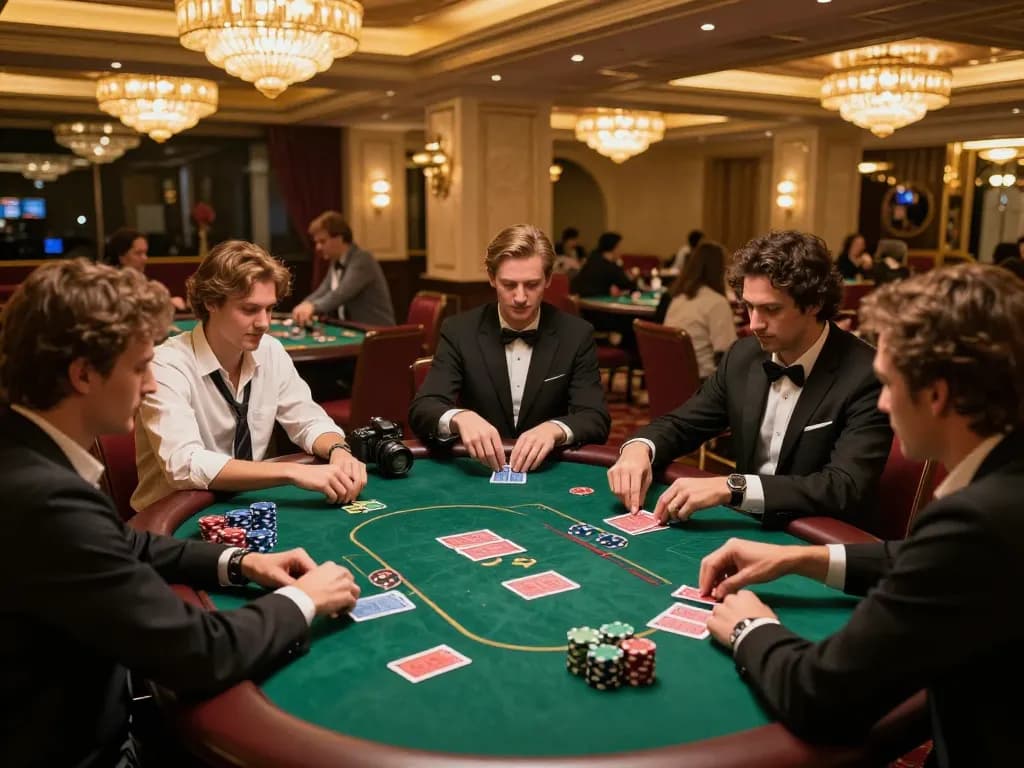 B52club players engaging in a thrilling poker game with chips and cards in a luxurious setting.
