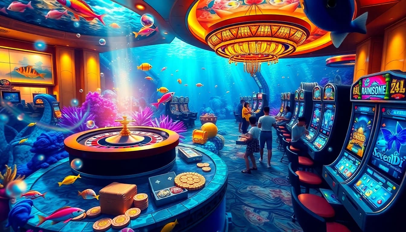 Engage in the exciting world of bắn cá đổi thưởng as players aim for jackpot-winning sea creatures and treasures in a vibrant underwater casino setting.