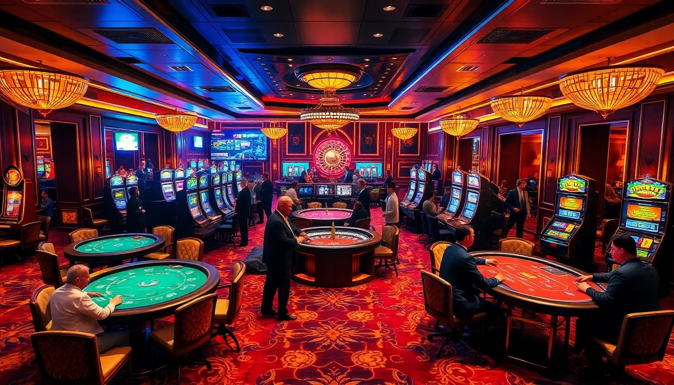 Players enjoying a thrilling game at hb88 casino, surrounded by vibrant slot machines and elegant tables.
