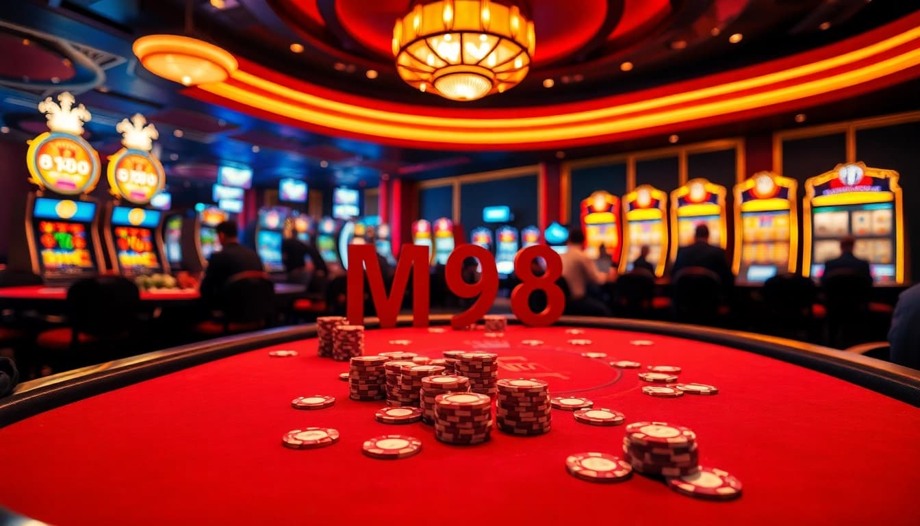 M98 betting chips and vibrant poker table in an exciting casino setting