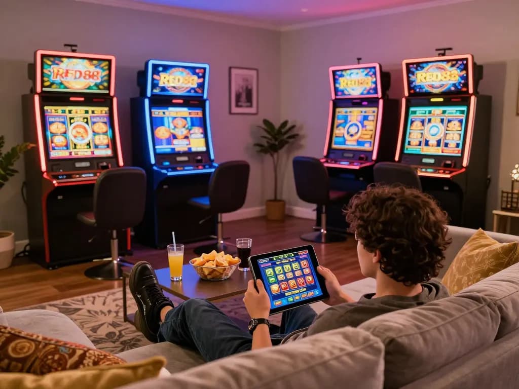 Engaging mobile gaming experience at RED88 online casino showcased from a cozy living room.