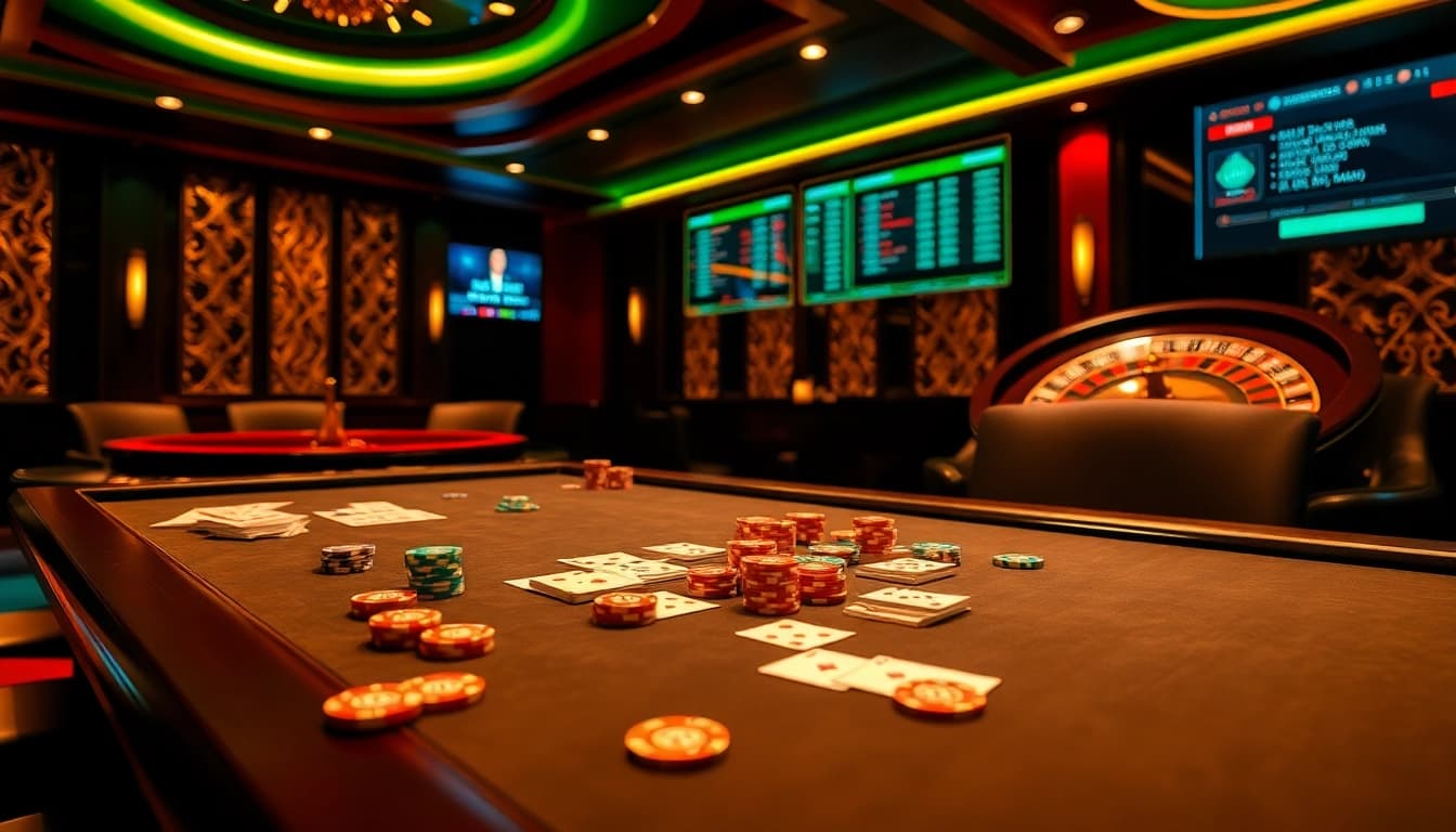 Engaging scene of nhà cái mi88 with a casino table and colorful poker chips.