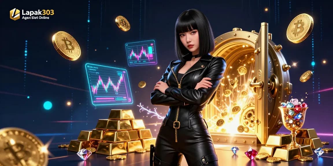 Experience the thrill of Lapak303 Agen Slot Online with vibrant 3D casino imagery showcasing gold and crypto.