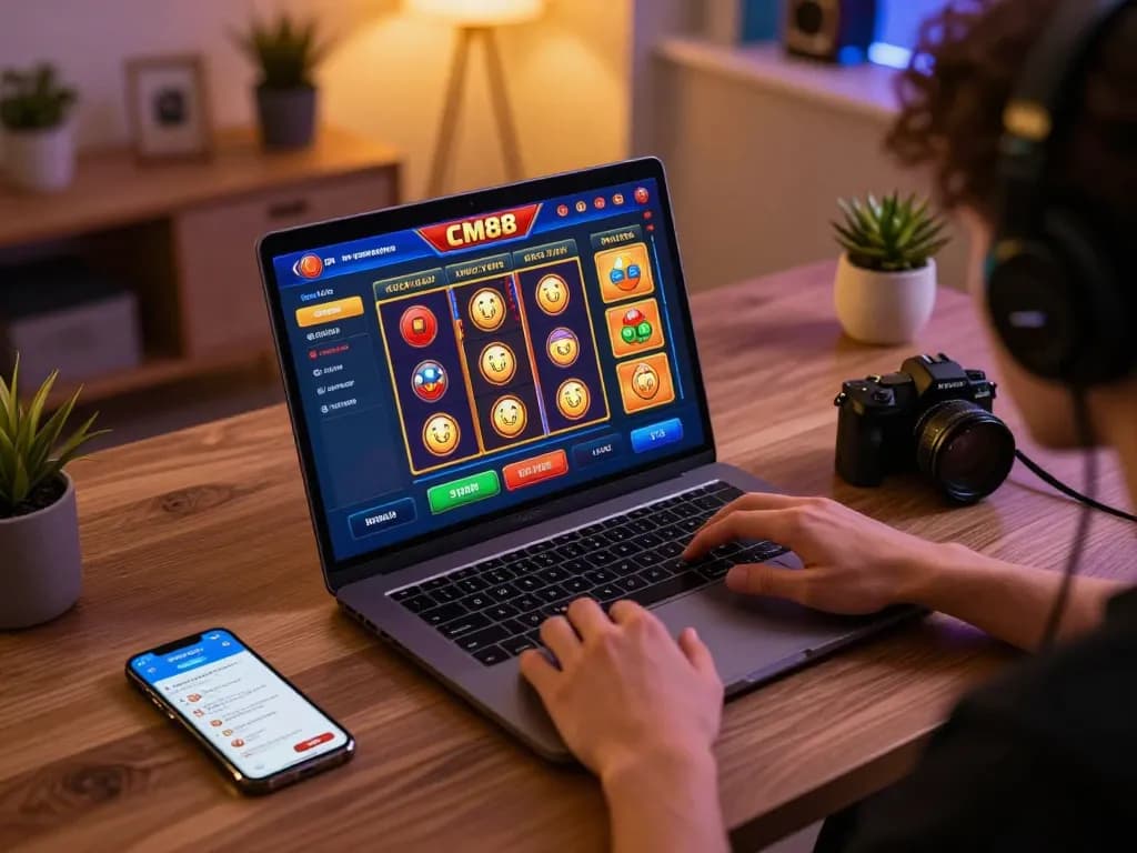 CM88 user engaging in online slots gameplay at a modern gaming setup, focused on winning strategies.