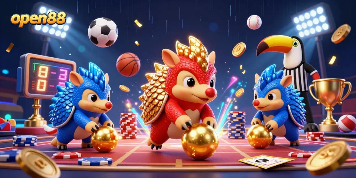 Experience thrilling betting at open88 with pangolins bowling through poker chips and vibrant sports elements.