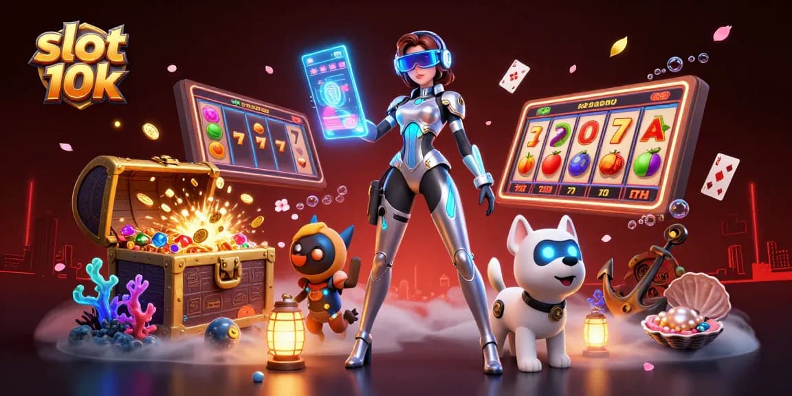 Engage with slot 10k adventures in this vibrant 3D illustration filled with jackpot symbols and casino excitement.