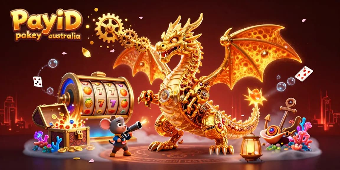 Experience thrilling gameplay with PayID pokies australia, featuring vibrant slot reels and a magical golden dragon.