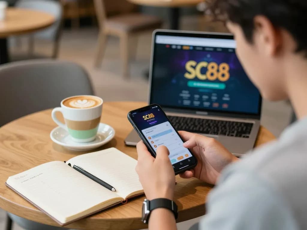 Player strategizing on https://sc88.social/ while enjoying coffee in a modern setting, emphasizing responsible online gaming.