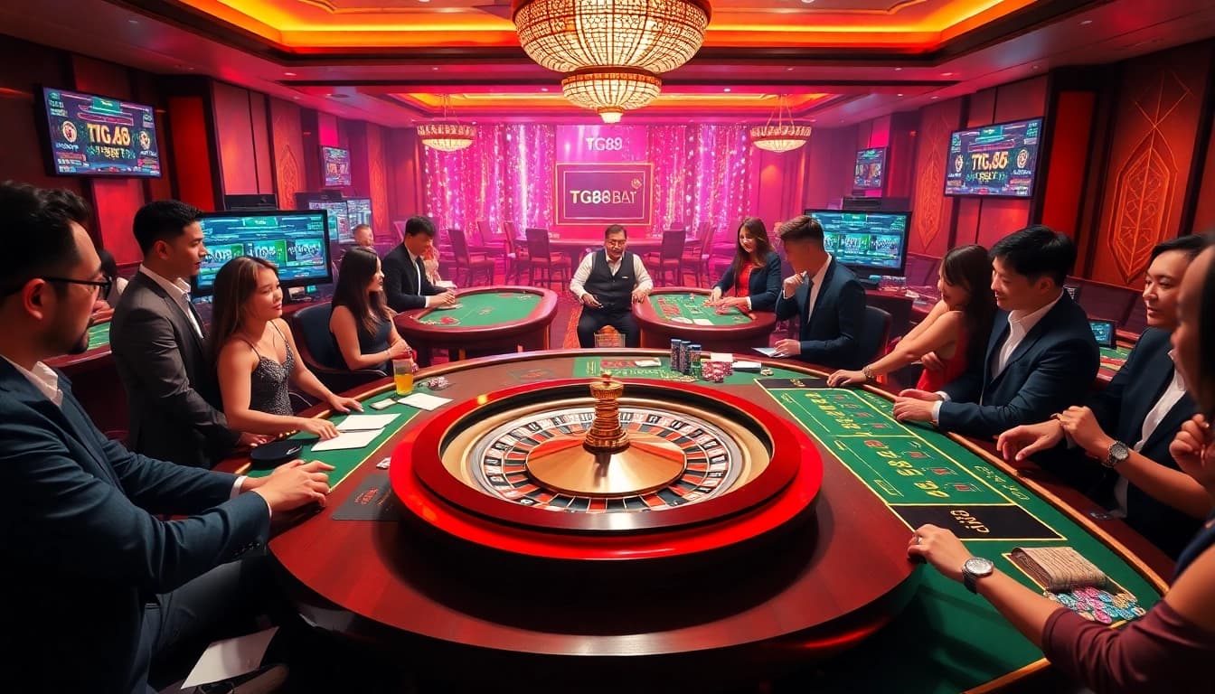 TG88 players enjoying thrilling games at a luxurious casino setting with roulette and poker tables.