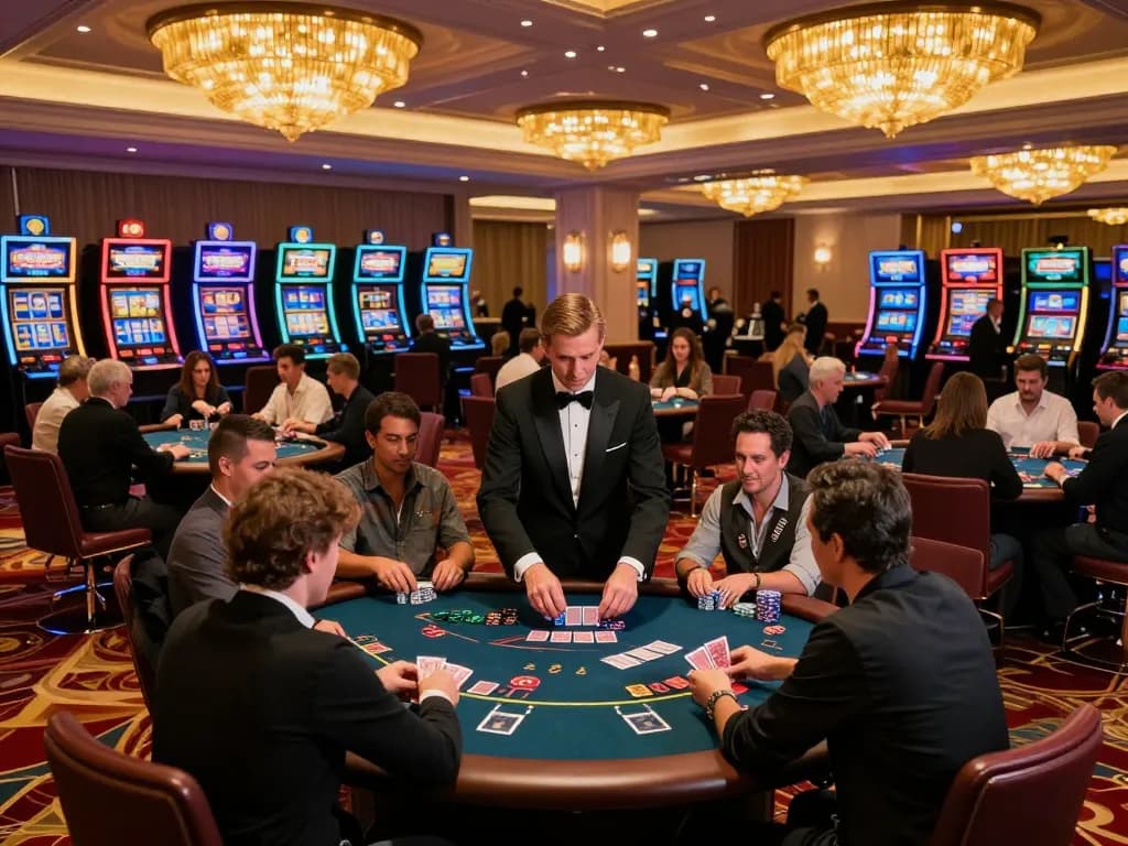 SC88 players engaging in strategic blackjack gameplay at an upscale casino table with vibrant decor.