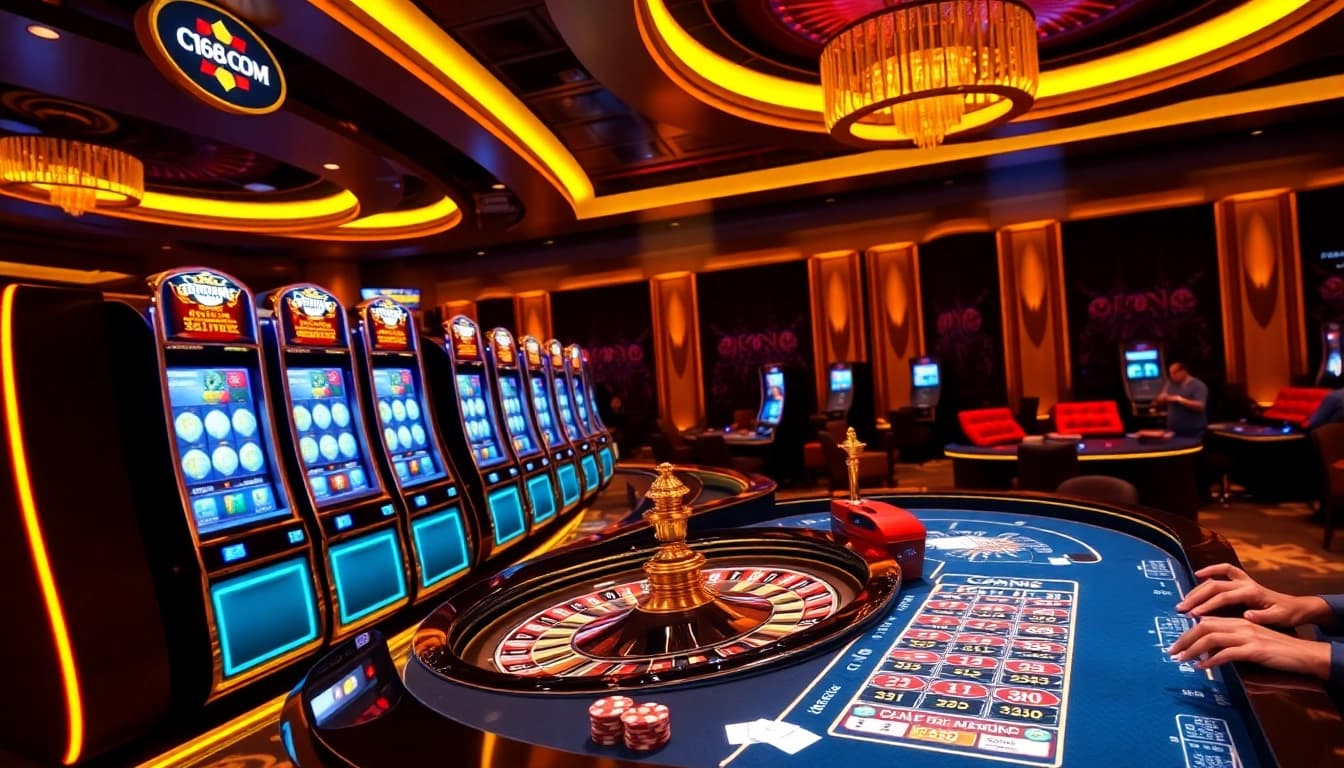 A vibrant casino scene at C168.COM featuring sleek slot machines and engaging players at tables.