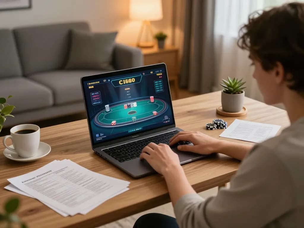 C168 poker player strategizing at home with laptop and notes in cozy setting
