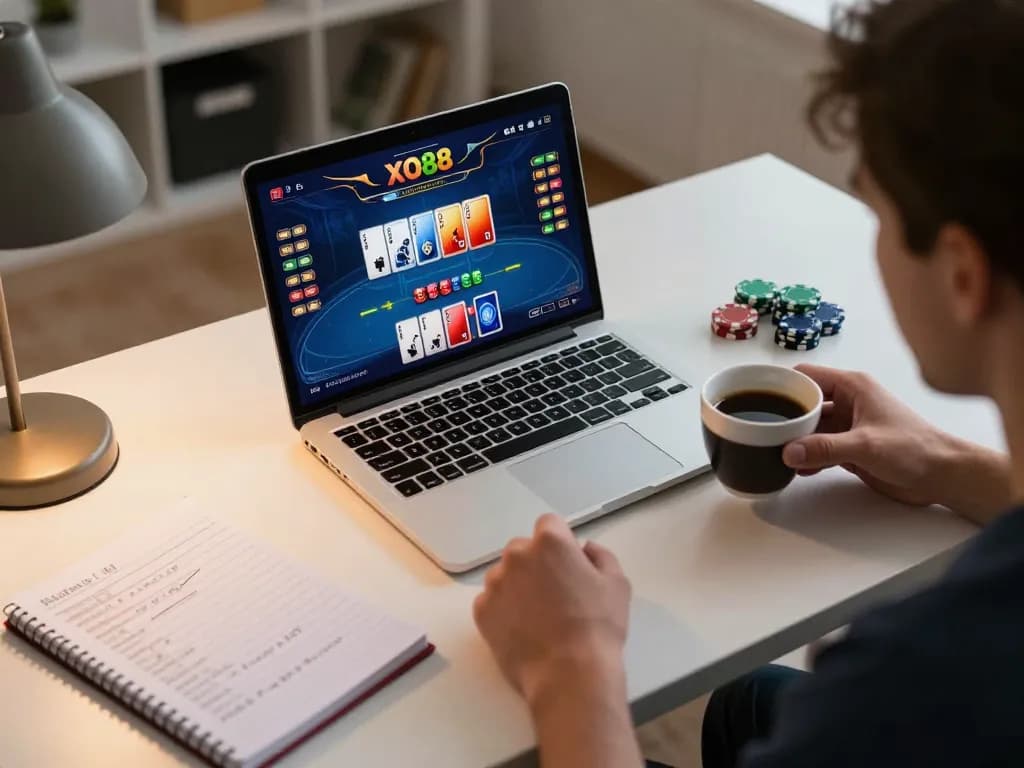 Engaging in an intense online poker game through XO88 on a laptop with strategic notes nearby.
