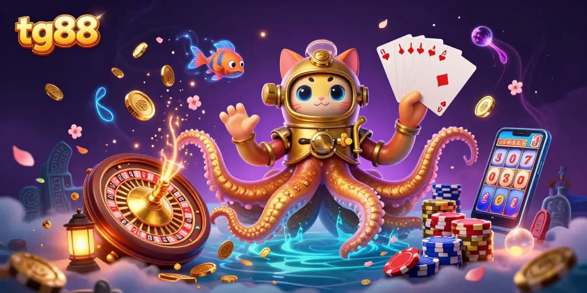 Experience thrilling luck at tg88 with a colossal kraken and treasure amidst dazzling casino elements.