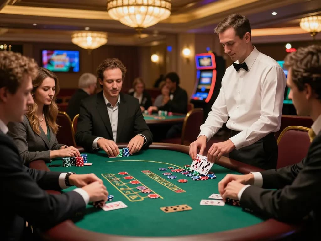 Players strategizing at the SC88 blackjack table as new cards are dealt in a vibrant casino.