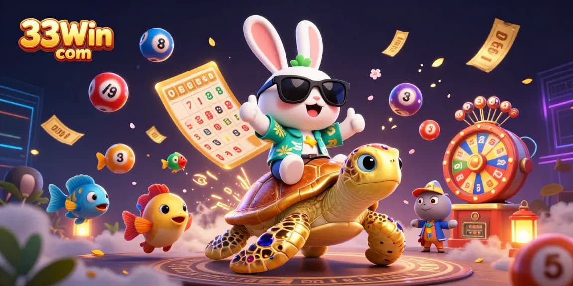 Play games at 33Win com with the lucky rabbit and giant turtle surrounded by vibrant casino elements.