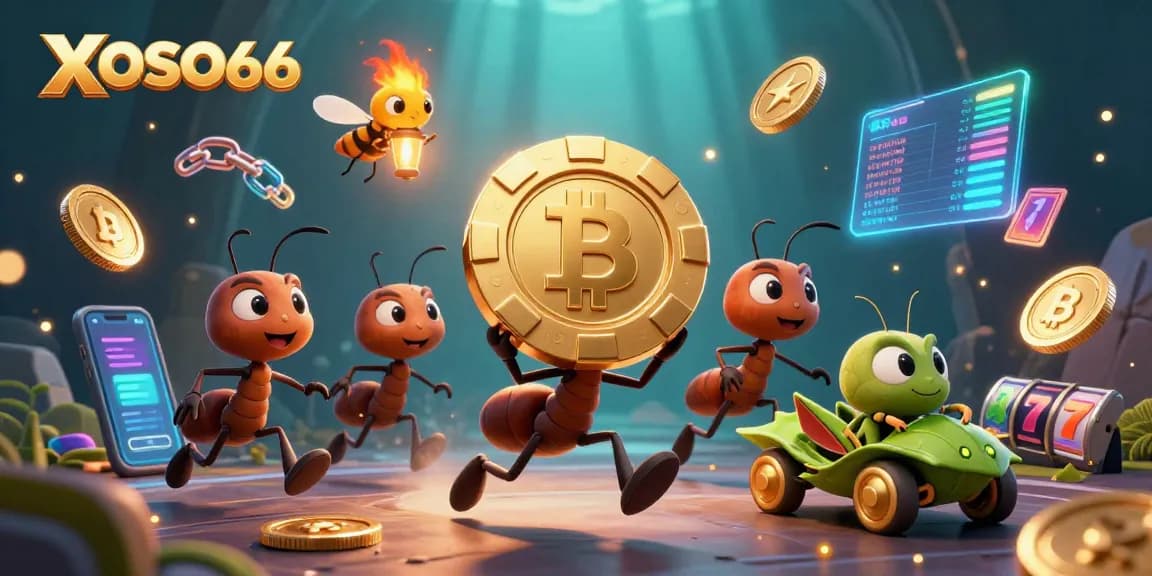 XOSO66 showcases an engaging casino heist scene with cartoon ants, Bitcoin, and more.
