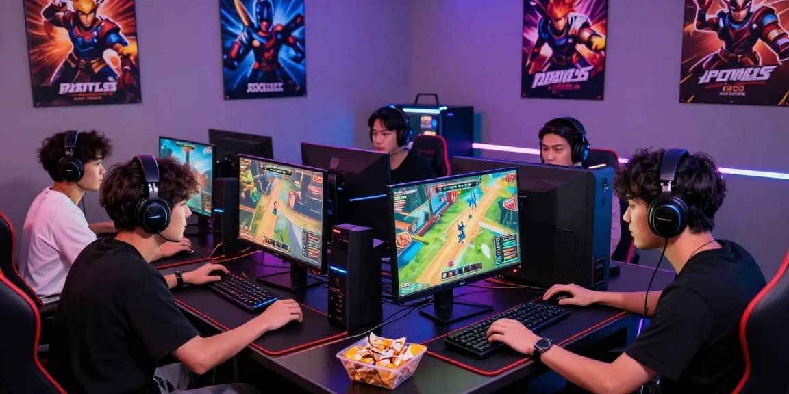 Friends enjoying game bài đổi thưởng uy tín in a vibrant gaming setup with colorful graphics.