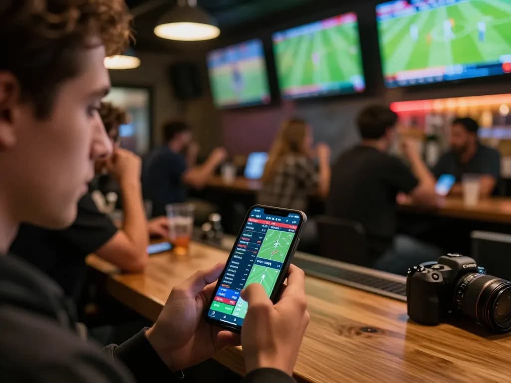 Xoilac user placing bets on football matches using smartphone in a lively sports bar setting.