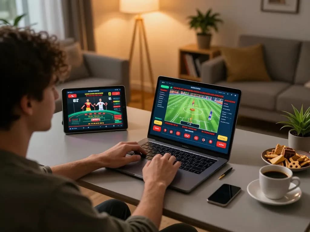 Engaging in strategic sports betting with 78win on a cozy home gaming setup.