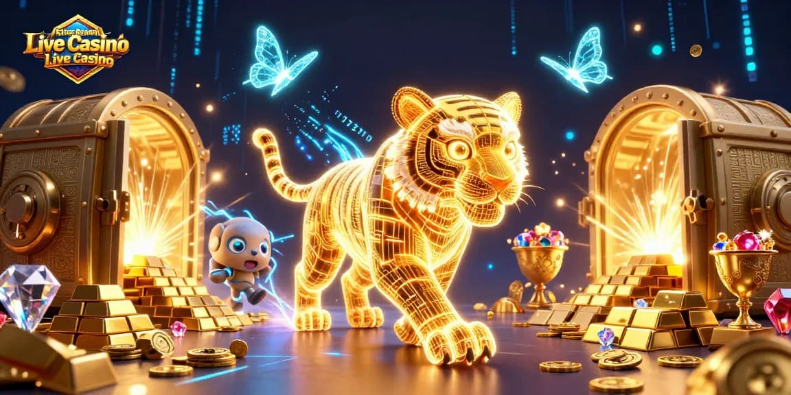 Situs Resmi Live Casino Dewavegas features a vibrant scene of a neon wireframe tiger in a digital casino.