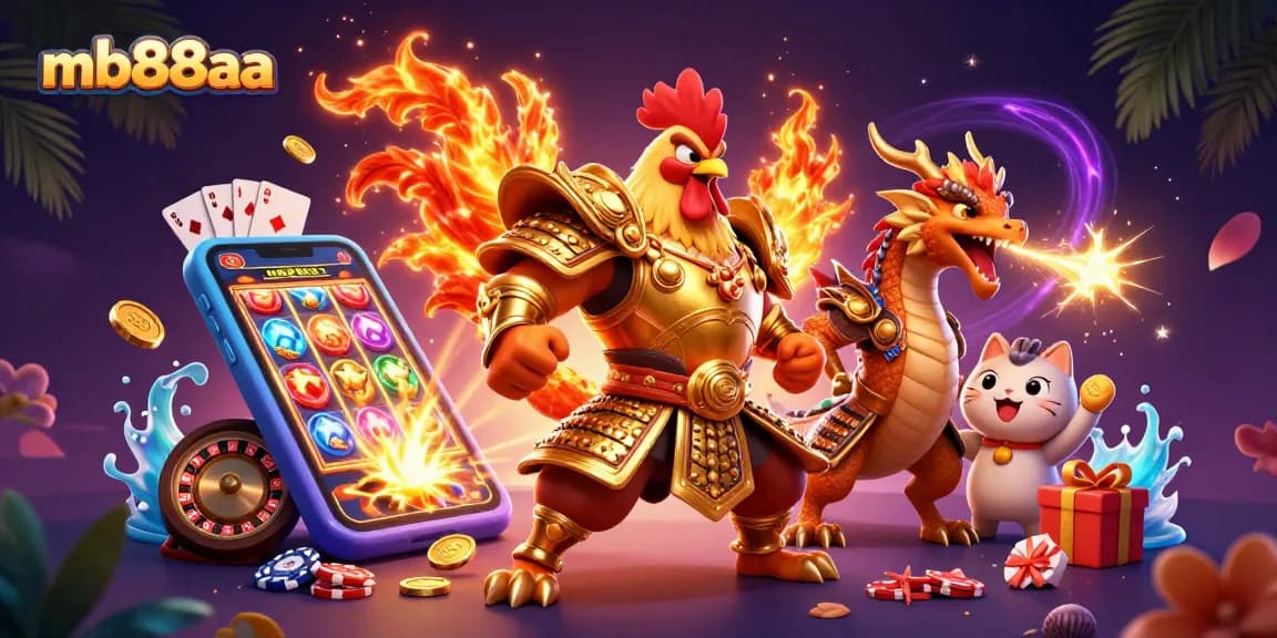 Experience thrilling gameplay at mb88aa with an armored fighting rooster and dragon amidst dynamic slot action.