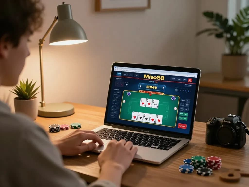 Miso88 online casino experience with a player engaged in poker at home, cozy and inviting setting.