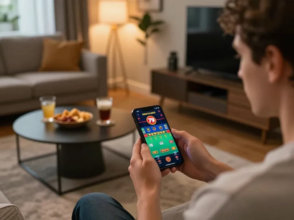 Player enjoying 79 club mobile app, engaging with a live dealer game in a cozy home setting