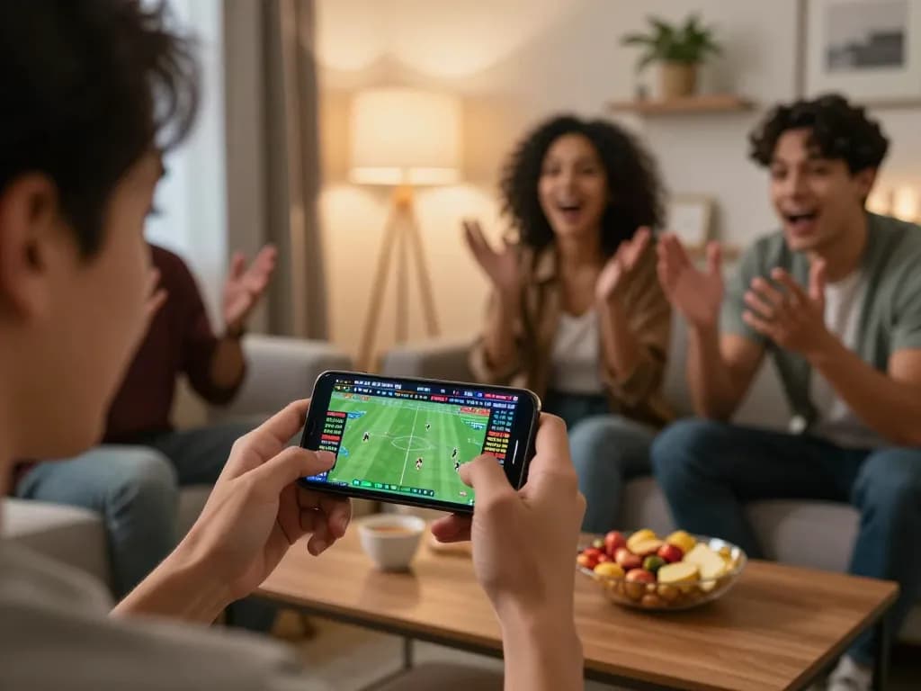 Engaging in live sports betting on ww88 with smartphone while friends celebrate the game action