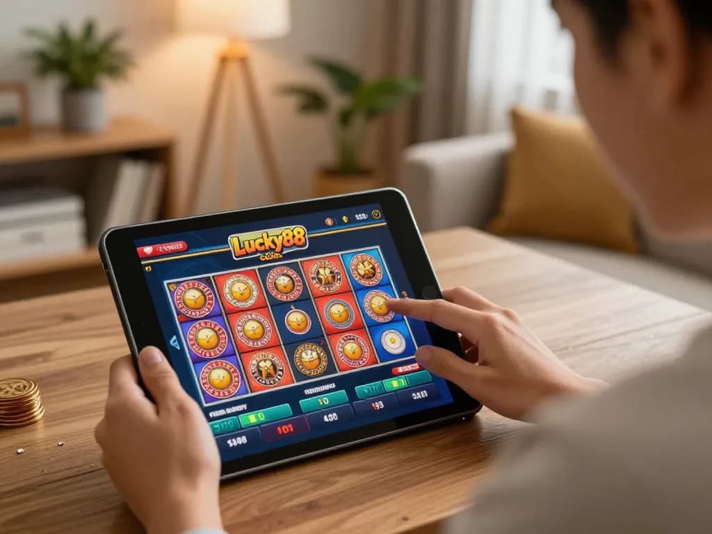 Playing games on Lucky88 Casino app while enjoying a cozy home atmosphere with tablet.