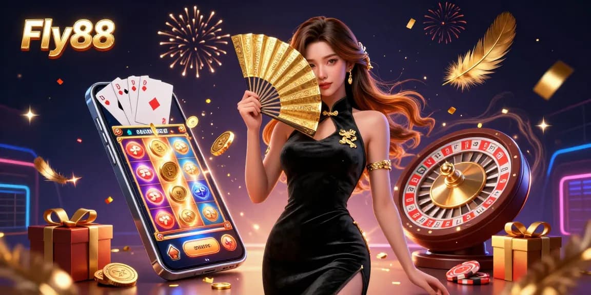 Engage with the vibrant Fly88 gaming experience featuring an elegant Asian woman amidst dazzling casino elements.