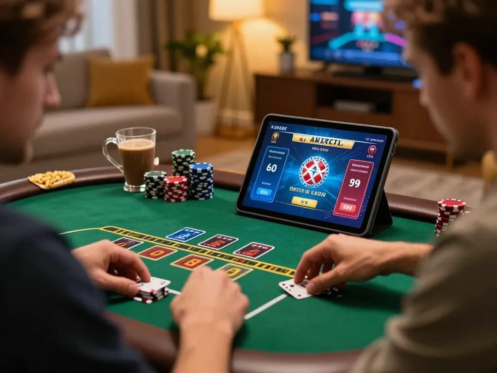 Player interacting with live dealer poker game on SKY88 com tablet, surrounded by snacks and warm lighting.