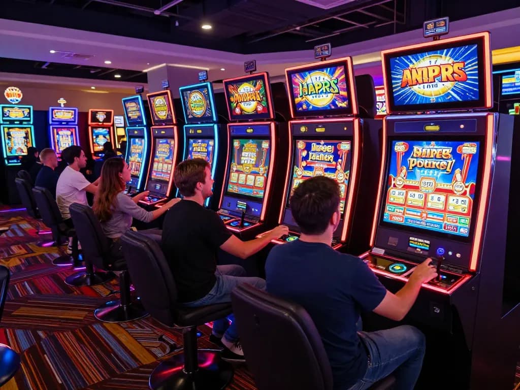 Players enjoying game nổ hũ at a lively casino slot machine area with bright screens.
