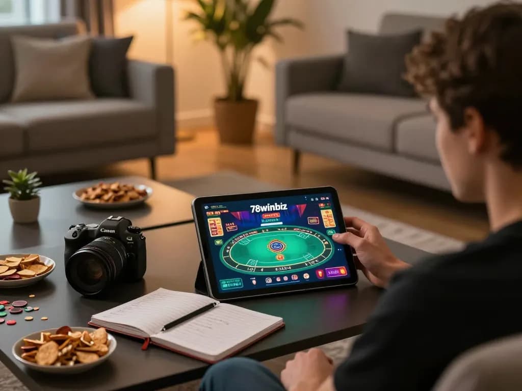 Engaging gameplay on 78winbiz app showing poker on tablet in a cozy living room.