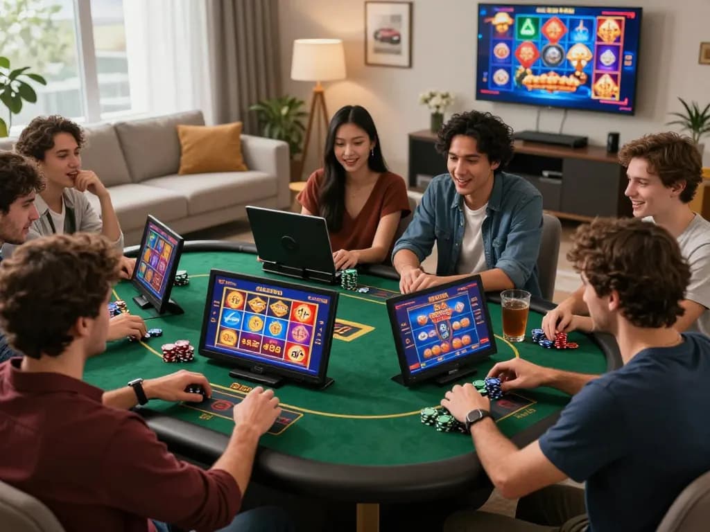 Players engaged in online gambling at https://hapify.io/ enjoying a vibrant casino atmosphere with various games.