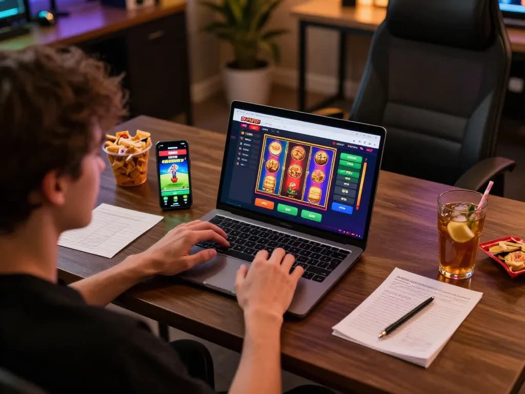 Player enjoying casino games on new88blog interface with laptop and smartphone setup