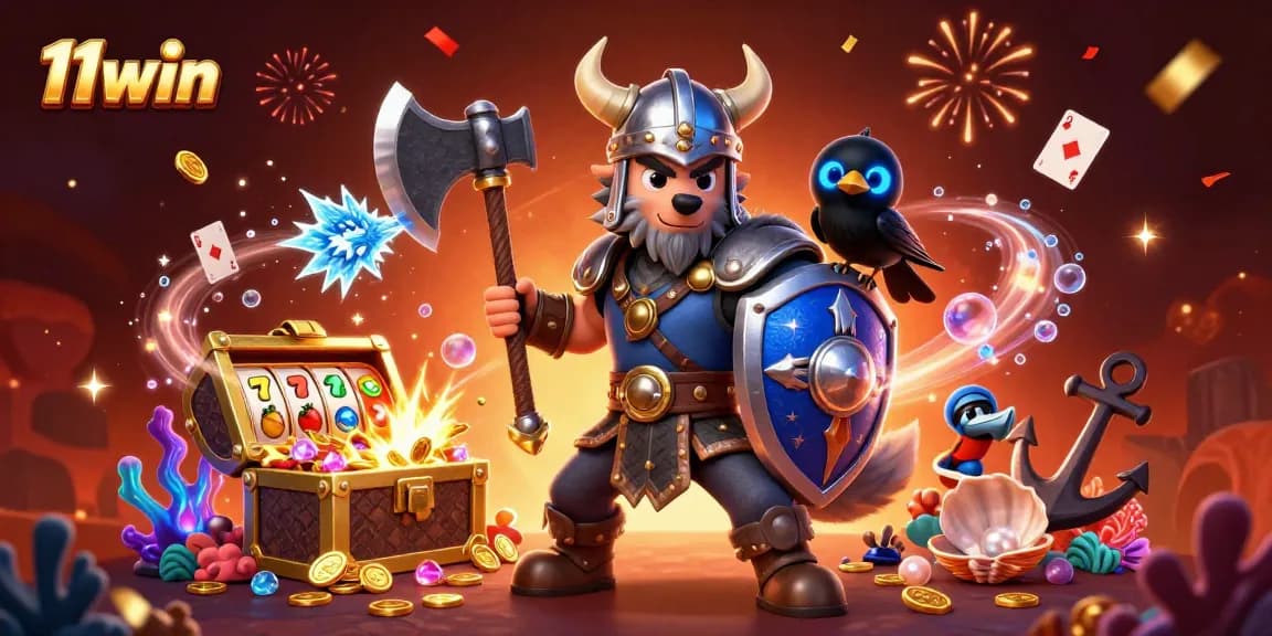 11win's exciting casino adventure with Viking warriors and treasures in a vibrant scene.