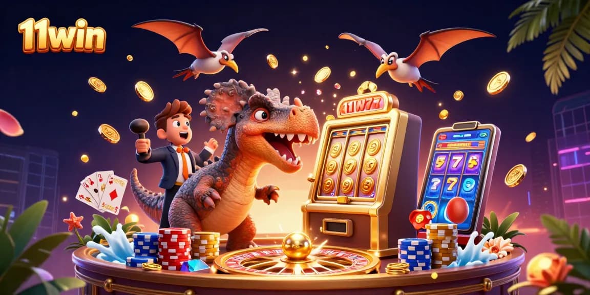 Catch 11win jackpot coins in a vibrant 3D casino illustration featuring a dinosaur showdown.