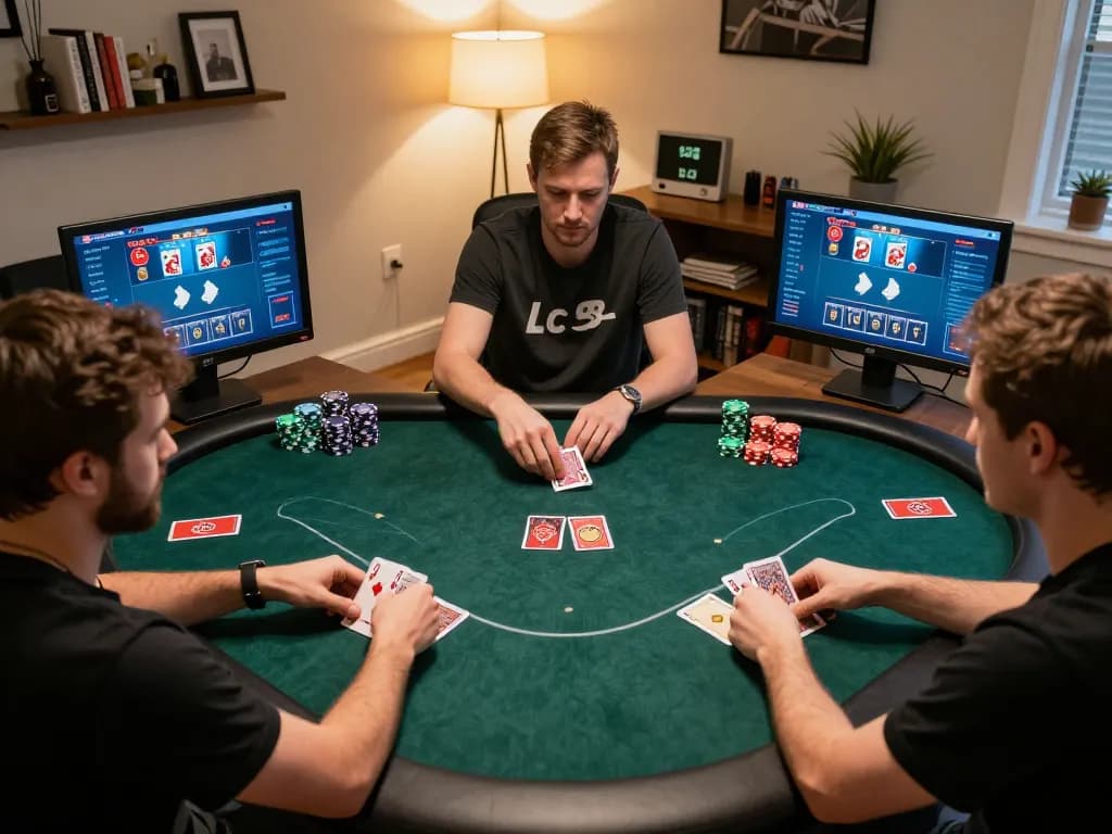 Player engaging with Lc 88 online poker game, showcasing cards and betting options in cozy home setup