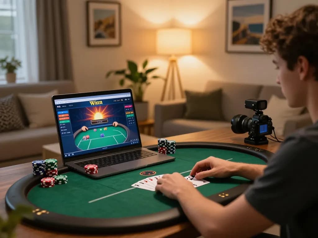 Engaging with sunwin online poker game interface on a laptop in a cozy living room setup.