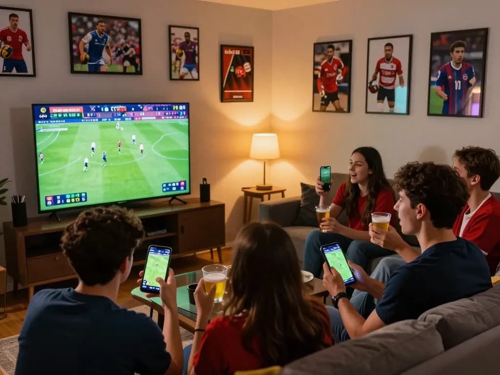 Friends engaging in live sports betting with cakhia tv app during an exciting match